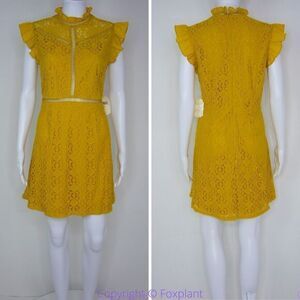 NEW Altar'd State mustard yellow lace dress with ruffle neck ,‎ L